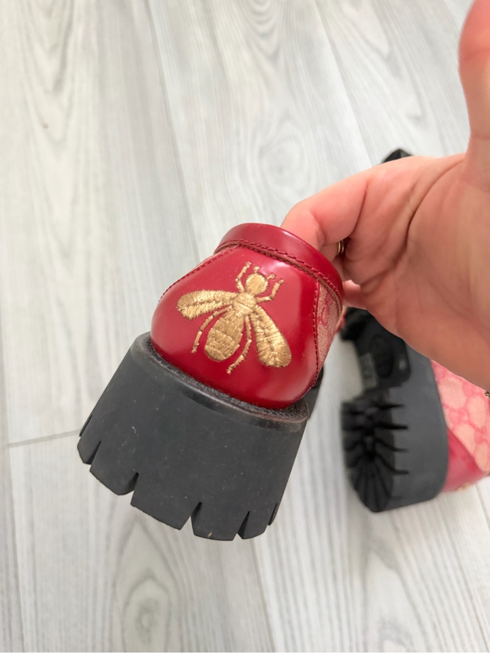Gucci Pink-Red GG Canvas Horsebit Loafers - Picture 3 of 4
